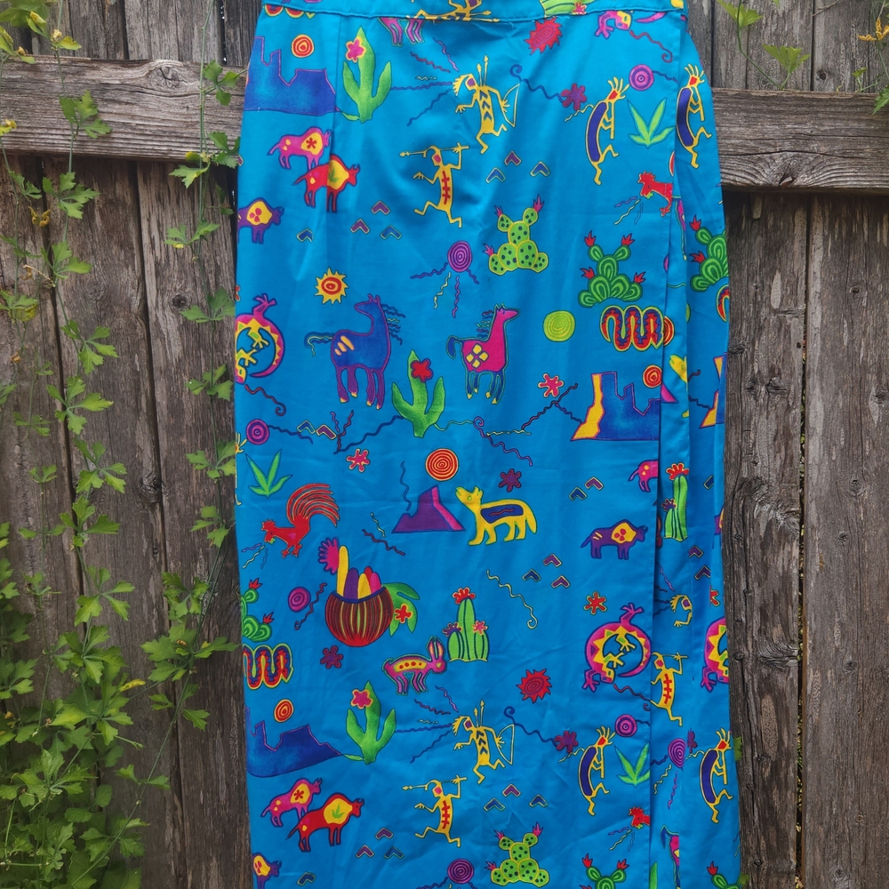 Vibrant Blue Kokopelli Folk Art Print Maxi Skirt